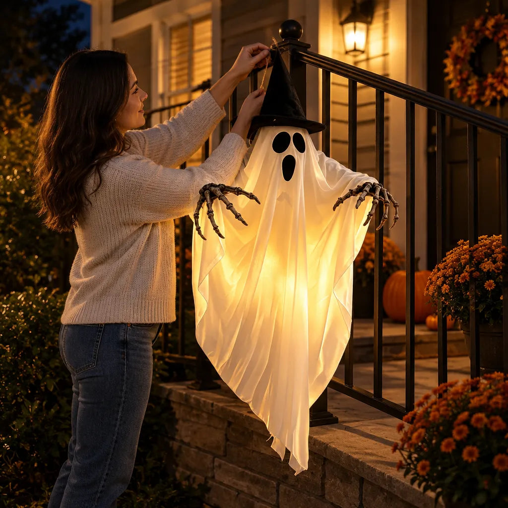 Giant glowing skeleton ghost Halloween decoration