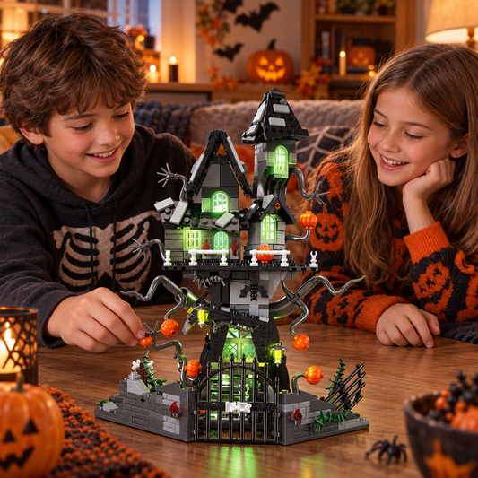Children enjoying a completed pumpkin haunted house block set