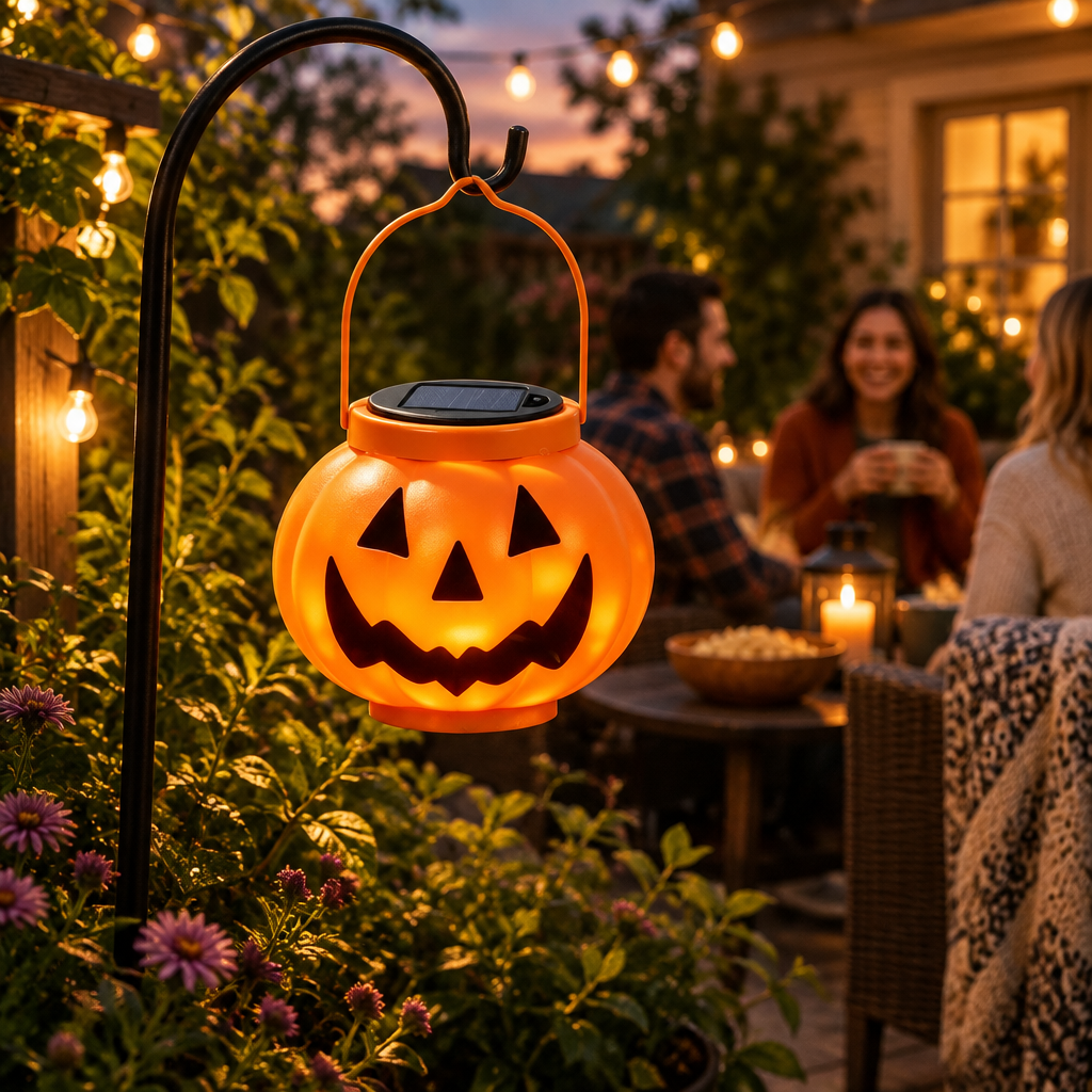 Smiley face and ghost face solar lantern variant hanging in a patio garden at dusk with people nearby