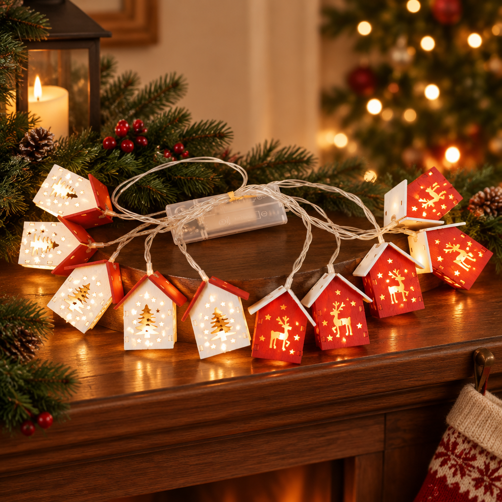 Christmas Tree Reindeer design of the USB Christmas string lights glowing on a holiday mantel.