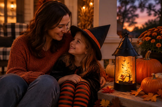 A woman and a young girl sit together on a porch at dusk, smiling at each other. The girl wears a black witch hat with an orange band and black-and-orange striped tights.