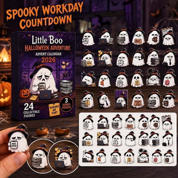 Halloween advent calendar set with collectible ghost figures. The image shows the calendar box, a sheet of small ghost figures, and several individual ghost figures arranged on a dark spooky background.