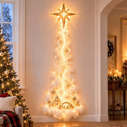 A Christmas tree-shaped wall light with a glowing star topper, warm white lights, and gold decorative accents, displayed in a cozy indoor holiday setting next to a real Christmas tree.