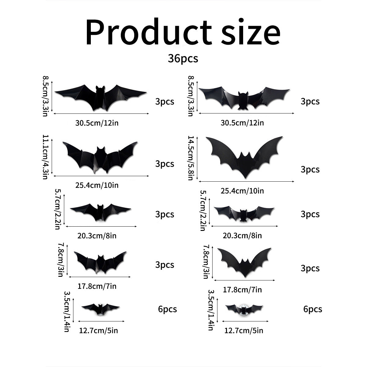 Diagram showing 36 black bat-shaped products of various sizes with measurements.