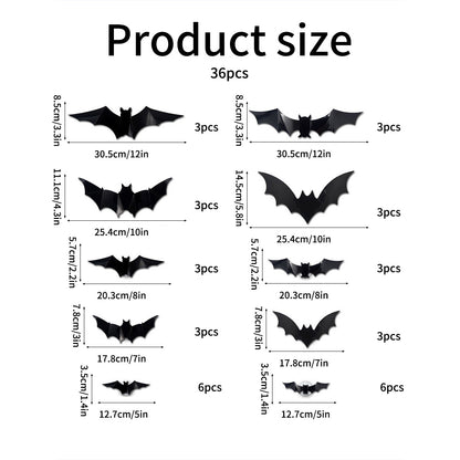 Diagram showing 36 black bat-shaped products of various sizes with measurements.