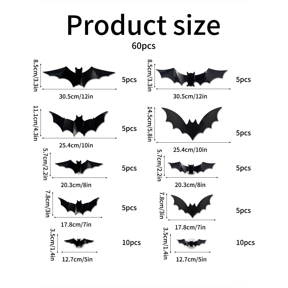 Product size chart showing different sizes of black plastic toy bats with quantity counts (5pcs and 10pcs) for a set of 60 pieces, on a plain white background.