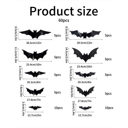 Product size chart showing different sizes of black plastic toy bats with quantity counts (5pcs and 10pcs) for a set of 60 pieces, on a plain white background.