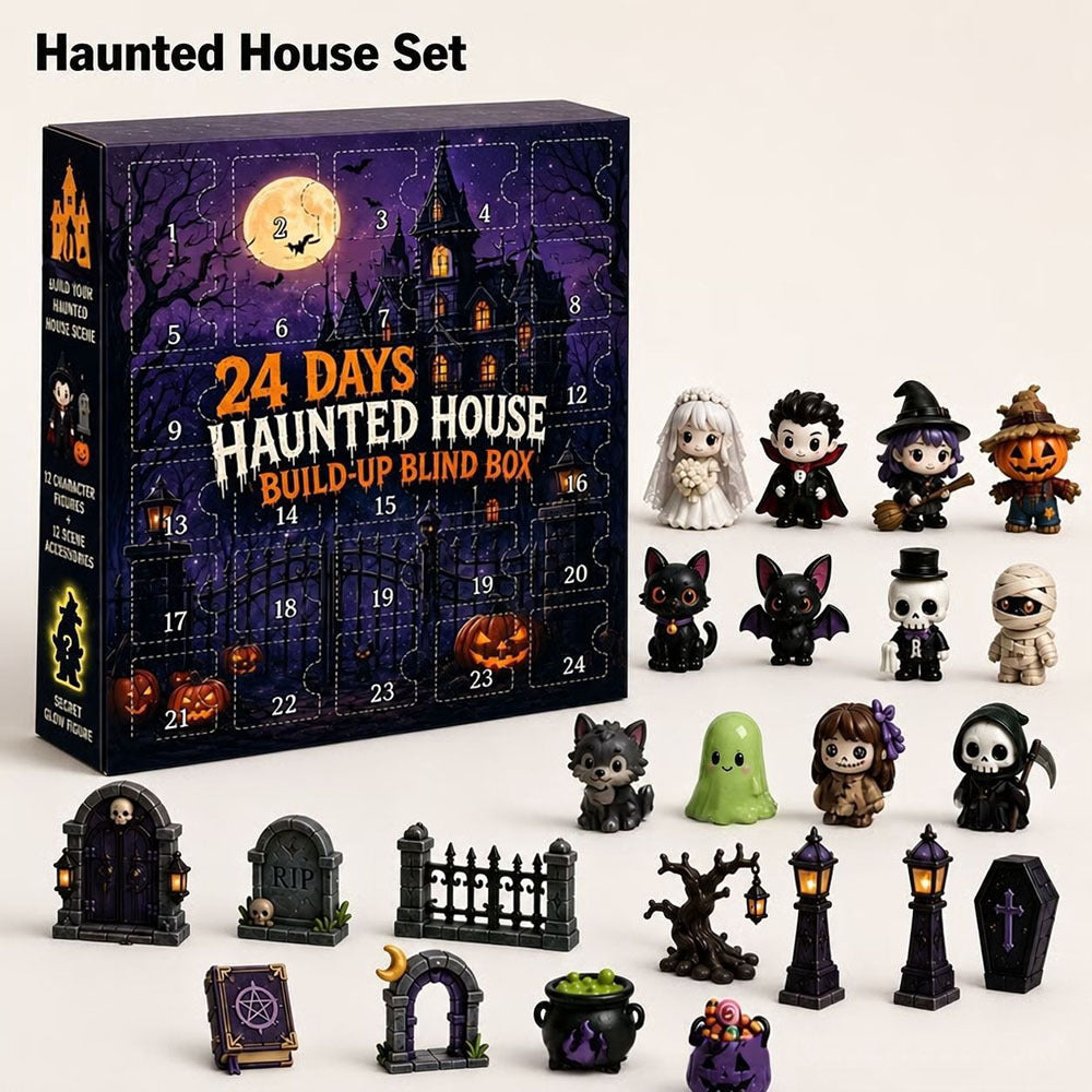 A Halloween-themed 24-day advent box set shown with its illustrated box and multiple small figurines and accessories arranged in front on a plain light background. The box features a haunted house illustration and the text '24 DAYS HAUNTED HOUSE BUILD-UP BLIND BOX.