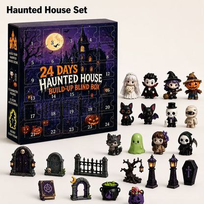 A Halloween-themed 24-day advent box set shown with its illustrated box and multiple small figurines and accessories arranged in front on a plain light background. The box features a haunted house illustration and the text '24 DAYS HAUNTED HOUSE BUILD-UP BLIND BOX.