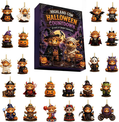 Halloween advent box set featuring a central purple box labeled 'Highland Cow Halloween Countdown' surrounded by 24 cute cow character figurines in various Halloween costumes on a white background.