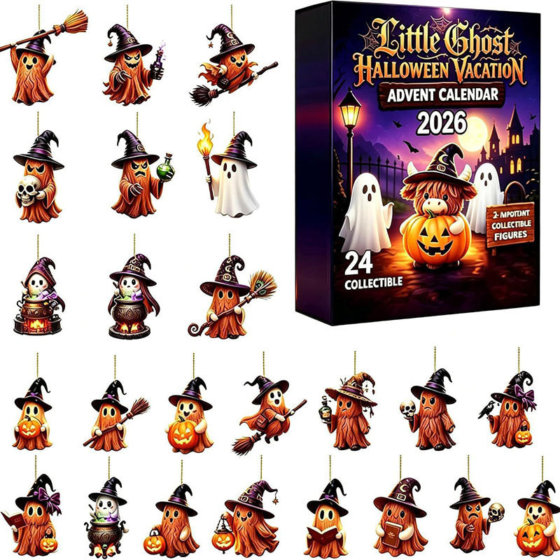 A Little Ghost Halloween Vacation 2026 Advent Calendar box shown next to a grid of collectible ghost and pumpkin character figures, all on a plain white background.