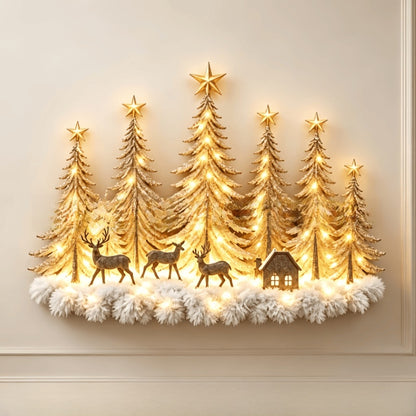 A festive wall-mounted Christmas tree display with five gold glittery trees, star toppers, three deer, a small house, and white faux snow under warm glowing lights, shown against a beige wall.