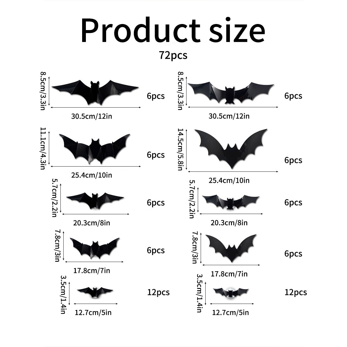 Product size chart showing different sizes and quantities of black bat wings pieces, labeled with dimensions in centimeters and inches, on a white background.