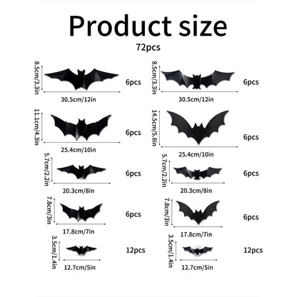 Product size chart showing different sizes and quantities of black bat wings pieces, labeled with dimensions in centimeters and inches, on a white background.