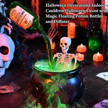 Halloween decorations with a cauldron, skeleton, and floating potion bottles on a dark background.