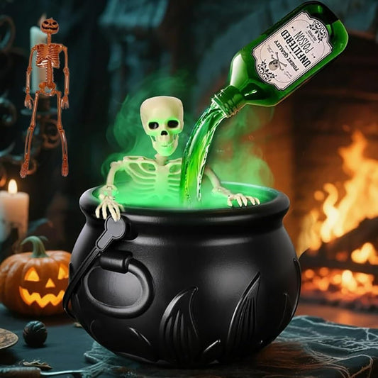 Halloween-themed scene with a skeleton pouring green liquid from a bottle into a black cauldron, with a fireplace and pumpkin in the background.