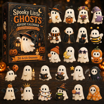 A boxed advent calendar set called 'Spooky Little Ghosts Advent Calendar' shown beside many small painted ghost ornaments in different Halloween costumes on a dark wooden surface with warm blurred lights in the background.
