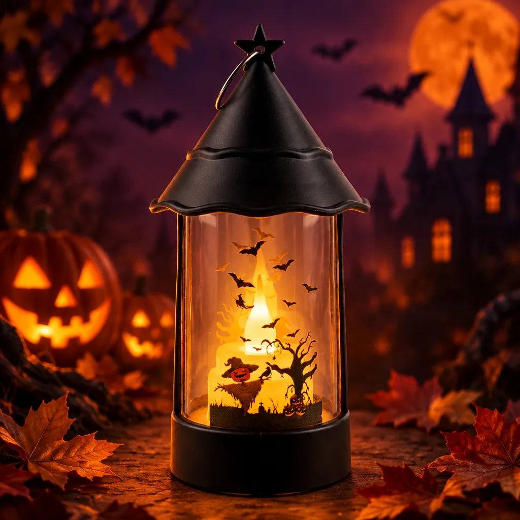 A black metal lantern with a clear glass body and a glowing internal scene, photographed in a Halloween-themed outdoor setting with pumpkins, leaves, bats, and a haunted house in the background.