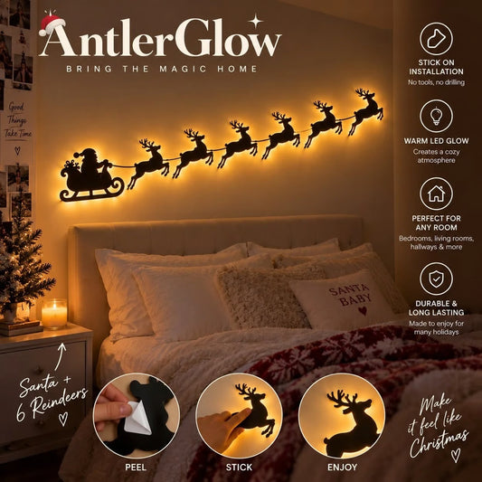 AntlerGlow Santa and reindeer wall decal set shown installed above a bed in a cozy bedroom, with text callouts about stick-on installation, warm LED glow, suitability for any room, and durable long-lasting use. Three circular insets show the peel-and-stick application and illuminated silhouettes.