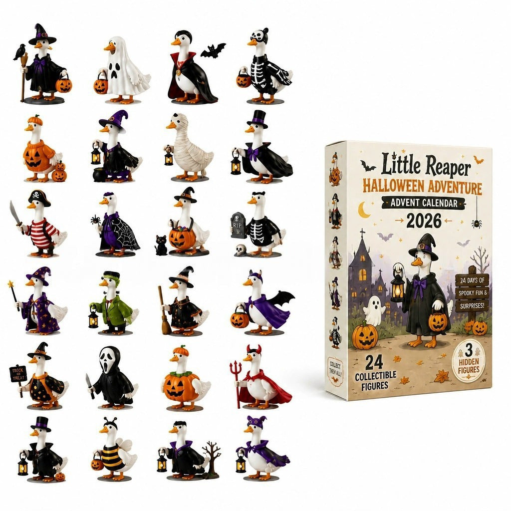 A Halloween advent calendar set showing 24 collectible duck figurines dressed in various costumes, alongside the retail box labeled 'Little Reaper Halloween Adventure 2026'. The figures include pumpkins, ghosts, skeletons, witches, and other spooky characters on a plain white background.