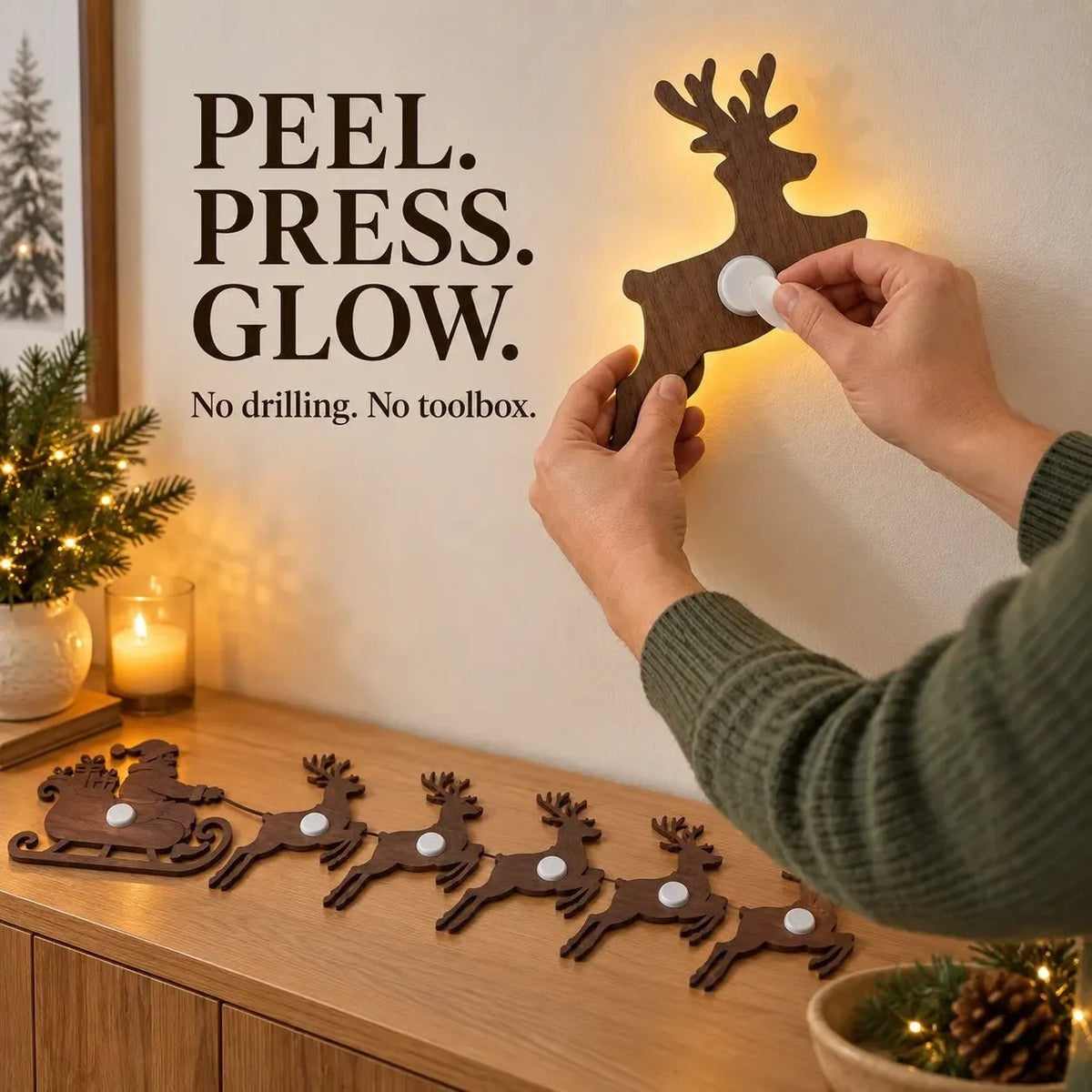 Rustic wooden Santa sleigh and reindeer Christmas ornament – holiday wall and tree decor