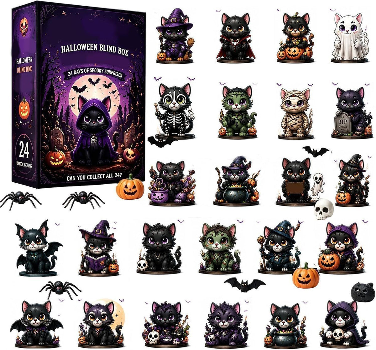 Halloween blind box set featuring a purple illustrated box labeled 'Halloween Blind Box' and '24 spooky surprises,' alongside many small cartoon cat figures in different Halloween costumes and accessories, shown on a plain white background.