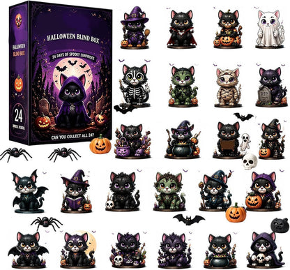 Halloween blind box set featuring a purple illustrated box labeled 'Halloween Blind Box' and '24 spooky surprises,' alongside many small cartoon cat figures in different Halloween costumes and accessories, shown on a plain white background.