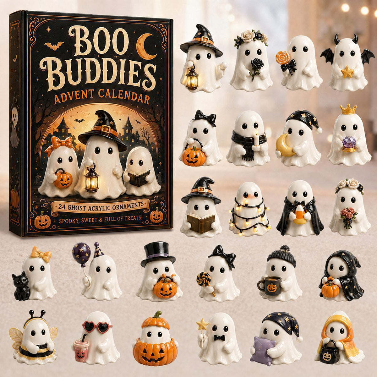 Boo Buddies Advent Calendar set shown with its illustrated box and a grid of 24 small ghost-shaped acrylic ornaments in various Halloween outfits and accessories on a light neutral background.