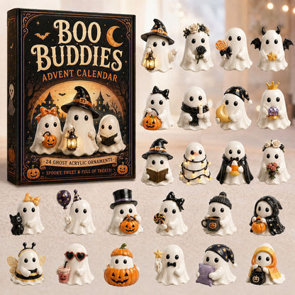 Boo Buddies Advent Calendar set shown with its illustrated box and a grid of 24 small ghost-shaped acrylic ornaments in various Halloween outfits and accessories on a light neutral background.