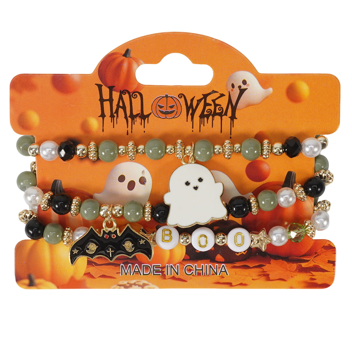 Spooky charm Halloween beaded bracelet – pumpkin, ghost and skull pendant jewelry