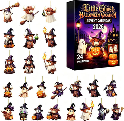 A boxed advent calendar set labeled 'Little Ghost Halloween Vacation Advent Calendar 2026' shown beside and above multiple small collectible ghost-and-witch character ornaments arranged in rows. The packaging is dark purple and orange with Halloween imagery, and the ornaments are mostly brown, white, black, and orange with some purple accents.