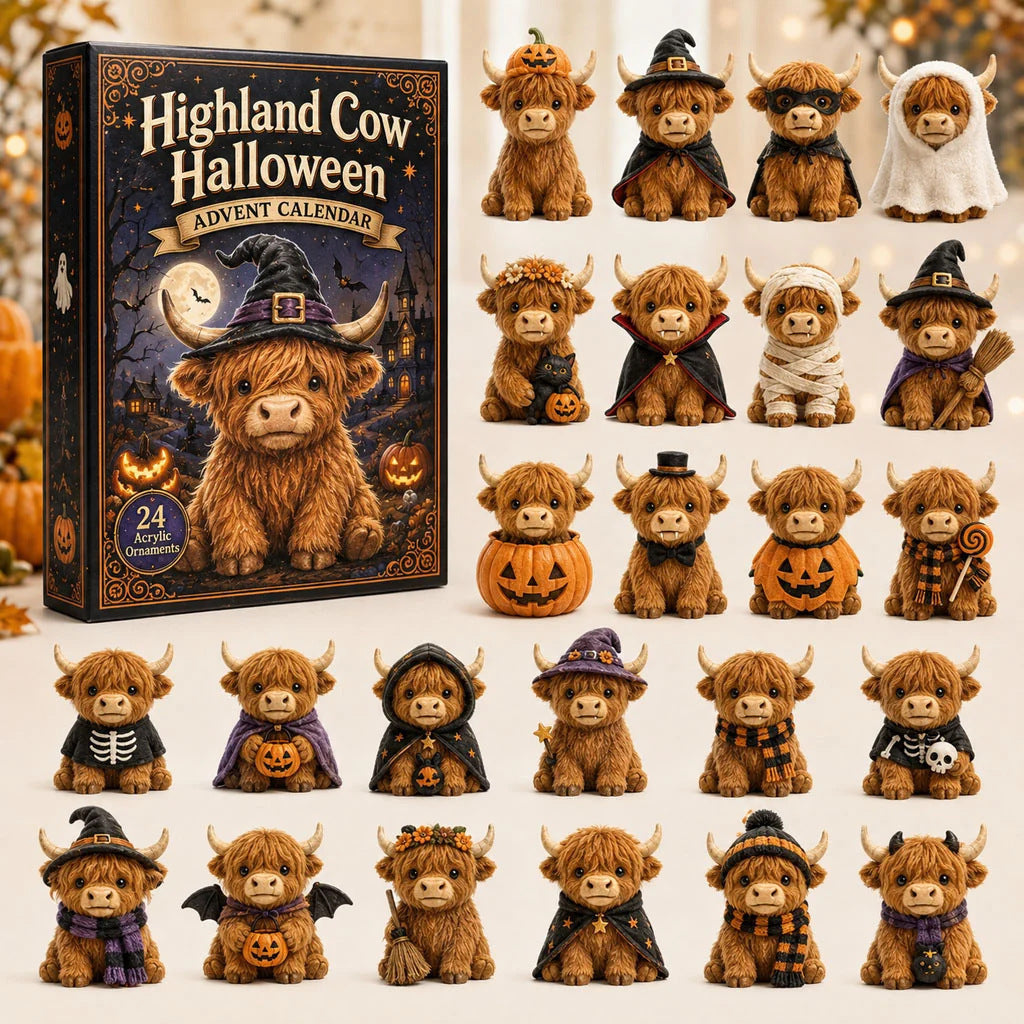 Highland Cow Halloween Advent Calendar set featuring a large illustrated calendar box and multiple small Highland cow figurines in various Halloween costumes arranged on a light neutral background.