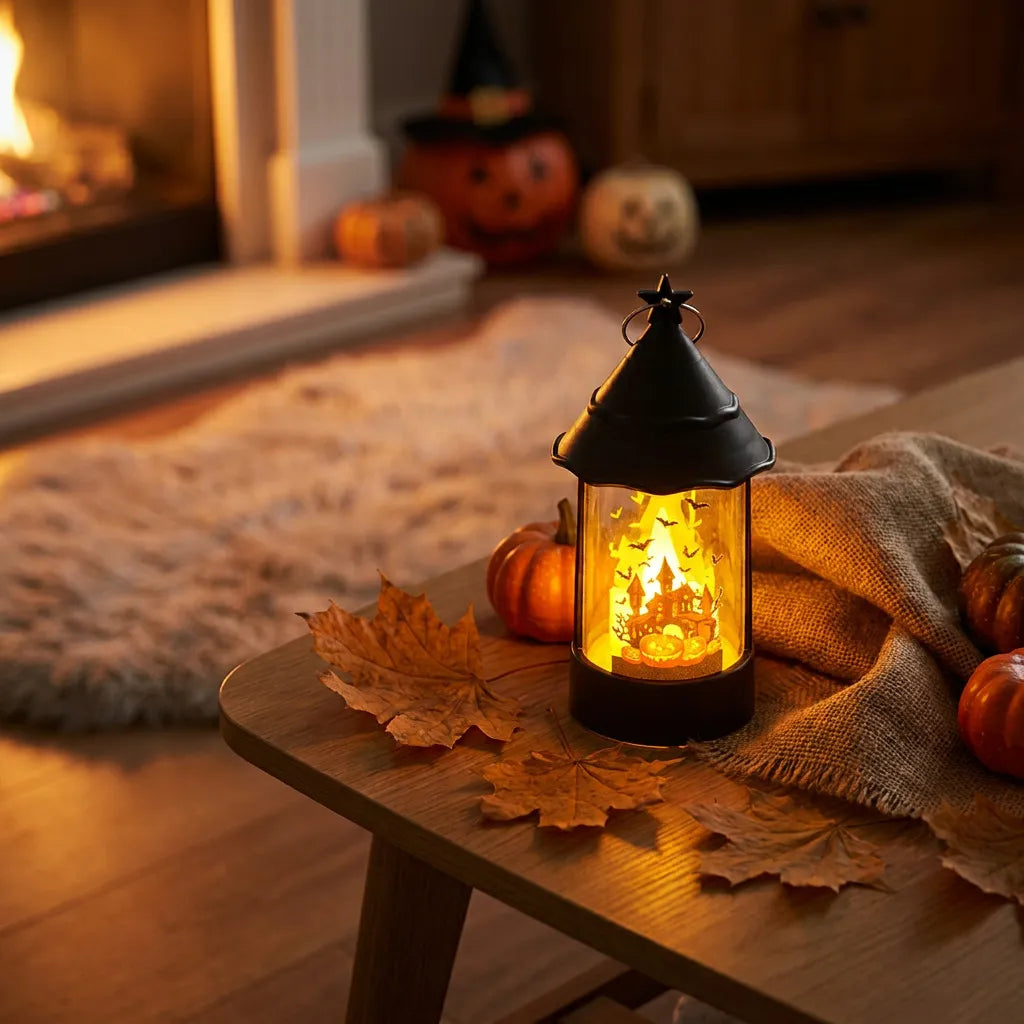A warm glowing Halloween lantern with a black metal frame sits on a wooden table in a cozy living room setting, surrounded by autumn leaves, burlap fabric, small pumpkins, and a fireplace in the background.