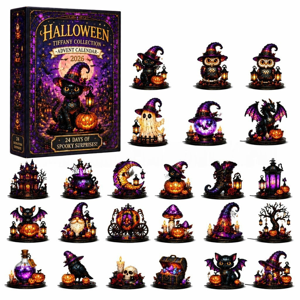 Halloween advent calendar set with a large illustrated box and 24 small spooky figurines and decorations arranged on a white background. The box reads 'Halloween Collection Tiffany Collection Advent Calendar 2023' and features a black cat, pumpkin, and purple witch-themed artwork.