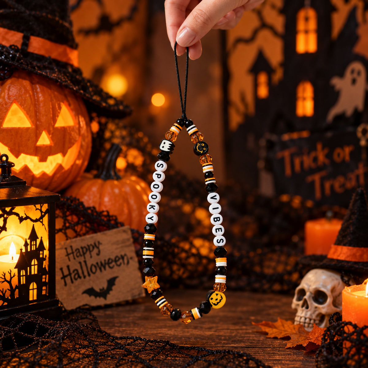 A Halloween-themed beaded ornament held by a hand, featuring white letter beads spelling 'Spooky Vibes' with a yellow smiley face and orange star accents, set against a spooky Halloween backdrop with pumpkins, candles, and lace.
