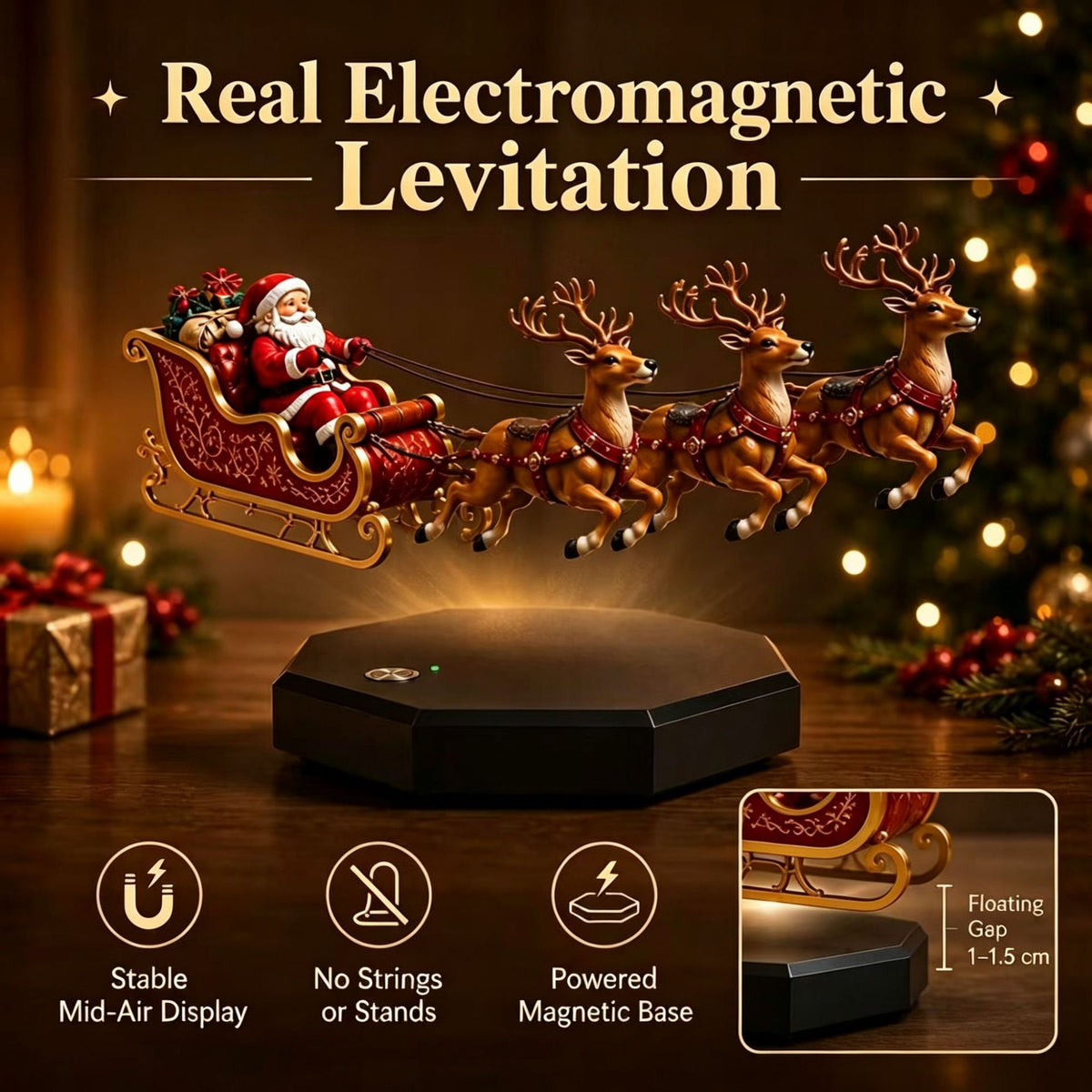 Electromagnetic levitation Santa Claus sleigh decoration floating above a black magnetic base on a wooden table, with Christmas tree lights and wrapped gifts in the background. Text at the top reads 'Real Electromagnetic Levitation' and feature icons at the bottom describe stable mid-air display, no strings or stands, and powered magnetic base.