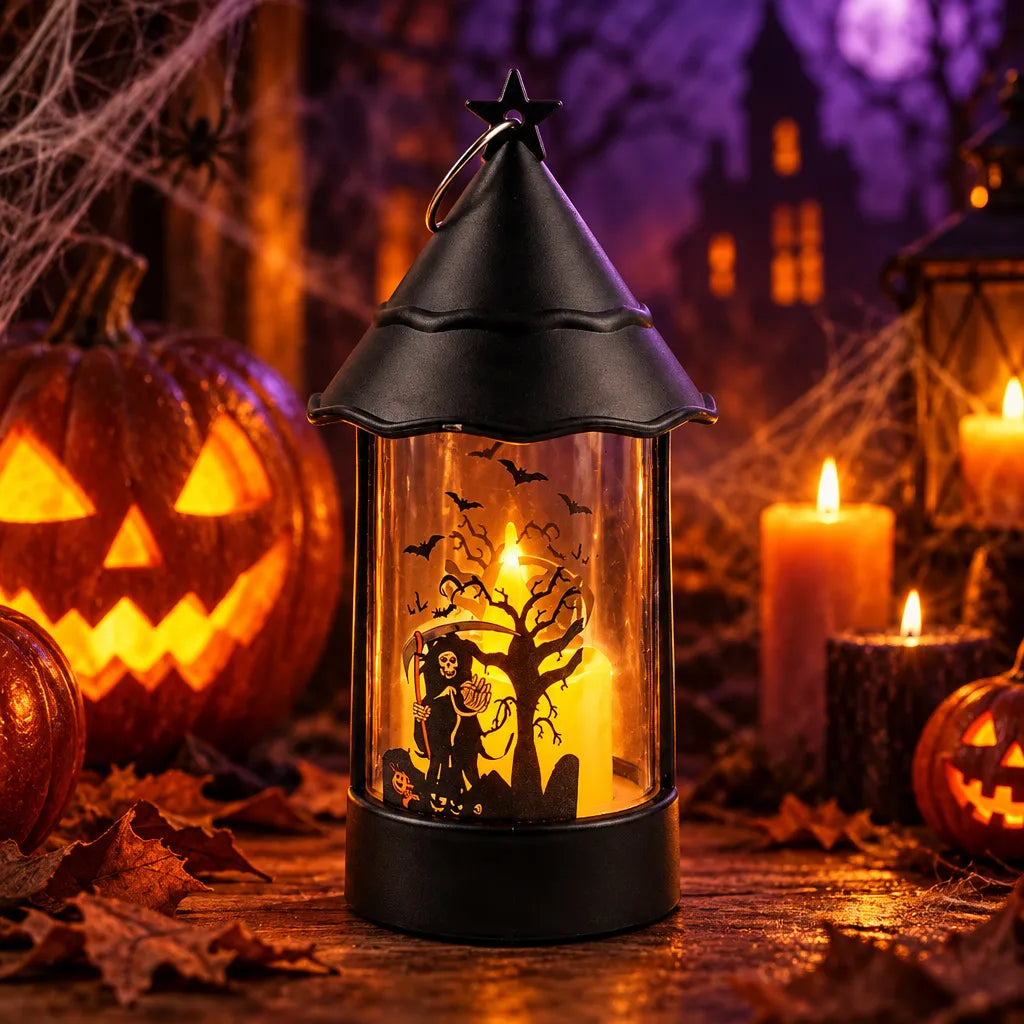 A black metal Halloween lantern with a pointed roof and star topper, glowing with warm orange light inside. The lantern is shown on a wooden surface surrounded by jack-o'-lanterns, spiderwebs, and lit candles, with a spooky haunted-house backdrop.
