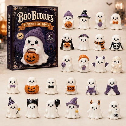 A boxed advent calendar titled "Boo Buddies Advent Calendar" stands beside a grid of small white ghost figurines in various Halloween outfits and accessories, including a witch hat, pumpkin, scarf, skeleton print, orange hat, and mummy wrap, on a warm beige background.