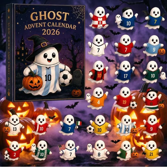 Ghost Advent Calendar 2026 shown with the main decorated calendar box and a grid of 21 numbered ghost illustrations in different national team and Halloween-themed outfits, alongside pumpkins and bats on a purple spooky background.