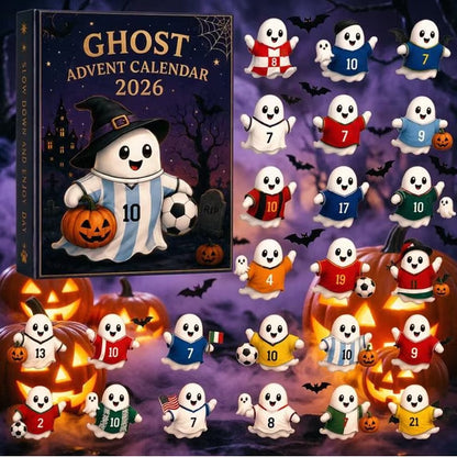 Ghost Advent Calendar 2026 shown with the main decorated calendar box and a grid of 21 numbered ghost illustrations in different national team and Halloween-themed outfits, alongside pumpkins and bats on a purple spooky background.