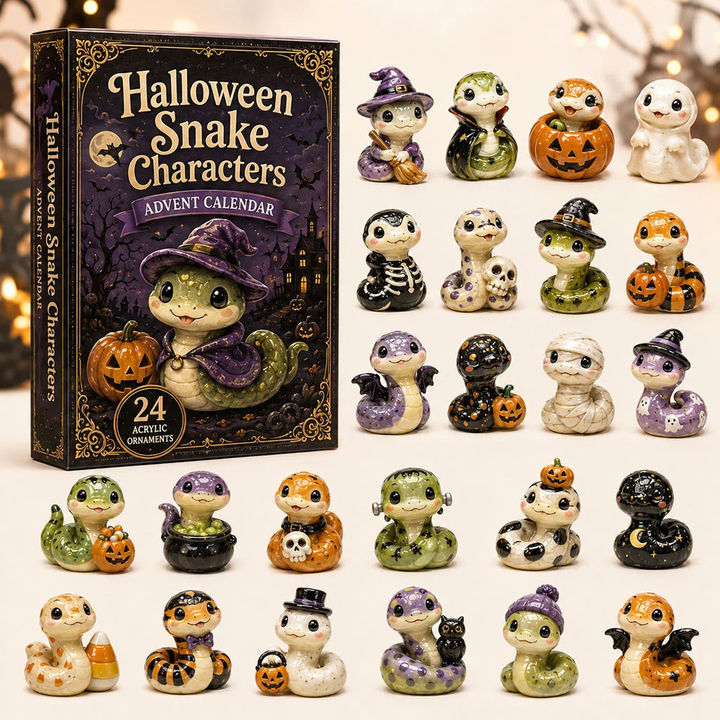 Halloween-themed advent calendar box with 24 small painted snake characters arranged in rows beside it. The box reads 'Halloween Snake Characters Advent Calendar' and shows a witch snake illustration.