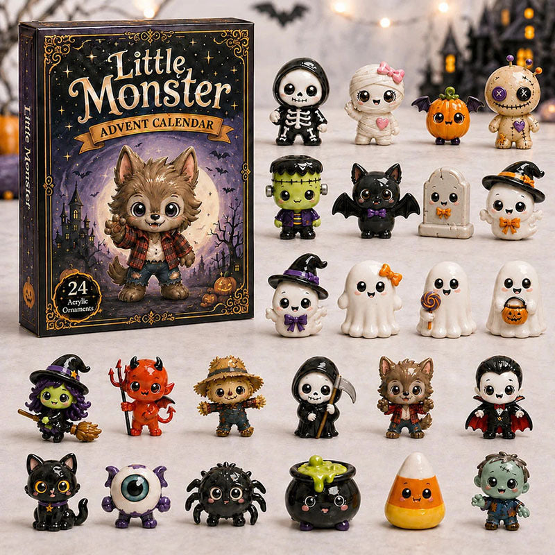 Little Monster Advent Calendar toy set with a large illustrated box and 24 small Halloween-themed figurines arranged in front on a light surface. The box shows a wolf character and the title 'Little Monster Advent Calendar.