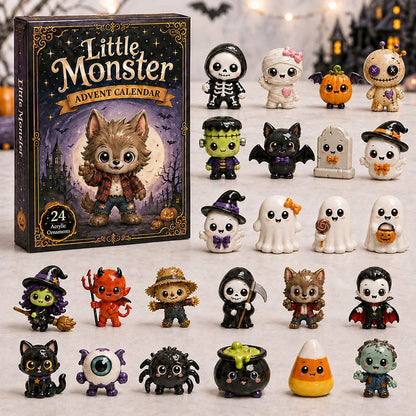 Little Monster Advent Calendar toy set with a large illustrated box and 24 small Halloween-themed figurines arranged in front on a light surface. The box shows a wolf character and the title 'Little Monster Advent Calendar.