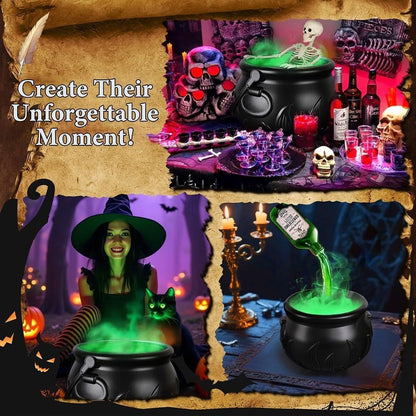 Halloween-themed setup with witches, cats, and potion bottles on a decorative background.