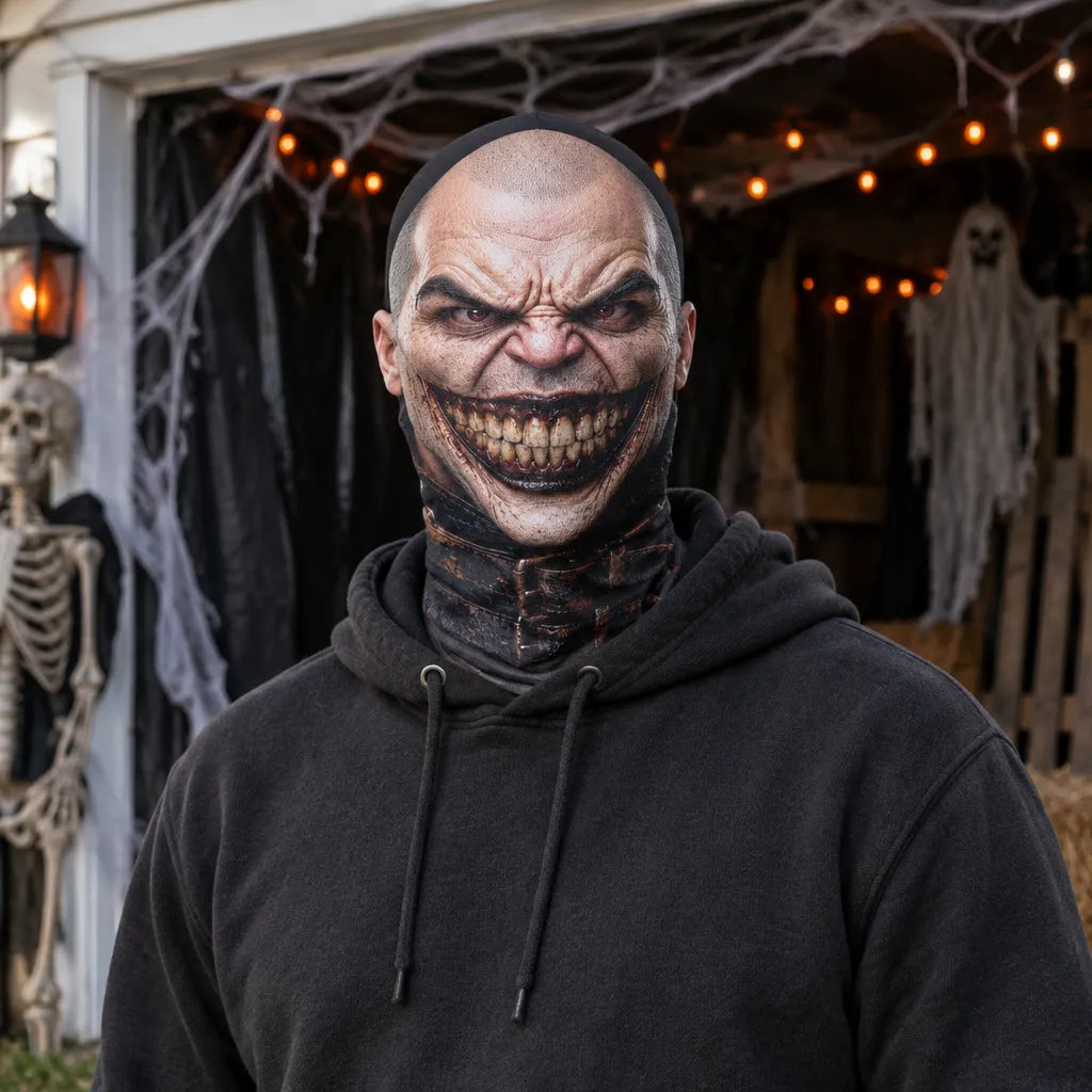A person wearing a black hooded sweatshirt and a grimacing horror mask with a wide creepy grin, standing in a Halloween-decorated doorway with cobwebs, string lights, a ghost, and a skeleton visible in the background.