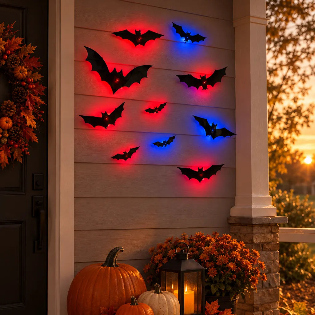 Black bat wall decals with red and blue LED backlighting displayed on a gray siding front porch, surrounded by autumn decorations including pumpkins, a wreath, and a lantern at sunset.