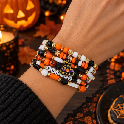 Spooky charm Halloween beaded bracelet – pumpkin, ghost and skull pendant jewelry