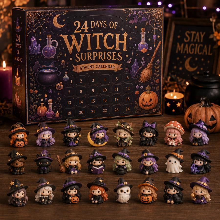 A Halloween-themed advent calendar box labeled '24 Days of Witch Surprises Advent Calendar' stands on a wooden surface with many small witch character figurines arranged in front. The scene includes candles, a pumpkin, and decorative signs in a styled indoor setting.