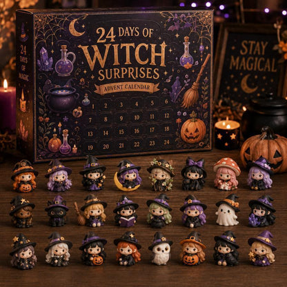 A Halloween-themed advent calendar box labeled '24 Days of Witch Surprises Advent Calendar' stands on a wooden surface with many small witch character figurines arranged in front. The scene includes candles, a pumpkin, and decorative signs in a styled indoor setting.