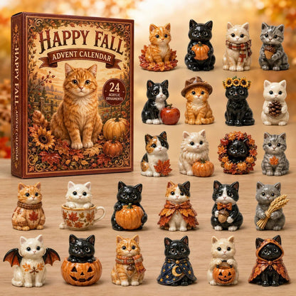A boxed advent calendar labeled "Happy Fall Advent Calendar" shown beside many small cat figurines dressed in autumn and Halloween styles, arranged on a wooden surface with a warm blurred background.